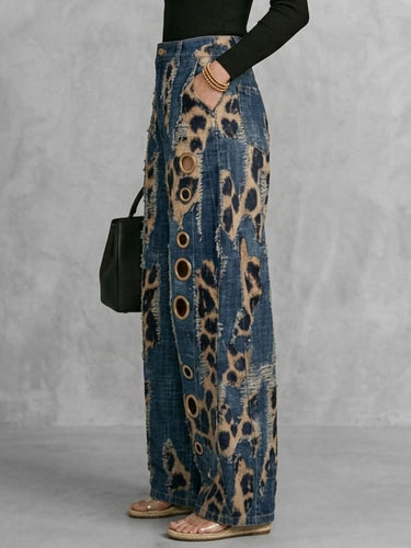 1780499 High Waisted Wide Leg Buttoned Hollow Leopard Pockets Split-Joint Zipper Pants Trousers