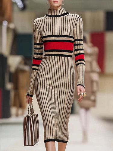 Long Sleeves Skinny Contrast Color Striped High Neck Midi Dresses Sweater Dresses