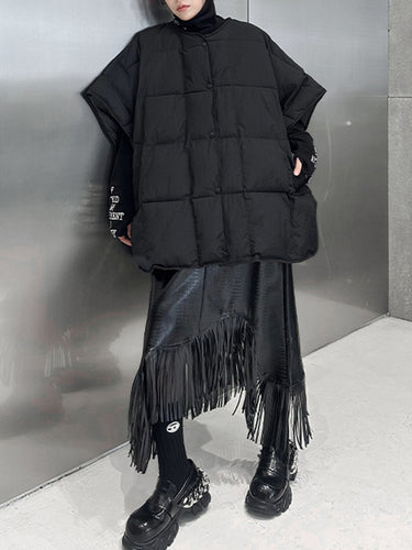 1720745 Batwing Sleeves Half Sleeves Buttoned Solid Color Round-Neck Padded Vest