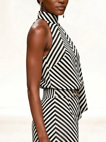 1779882 Sleeveless Contrast Color Draped Striped Halter-Neck Blouses&Shirts Tops