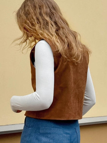 1739825 Loose Sleeveless Buttoned Solid Color V-Neck Vest Outerwear Waistcoat