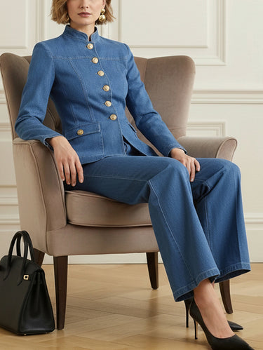 1729591 Long Sleeves Buttoned Pockets Solid Color Stand Collar Outerwear