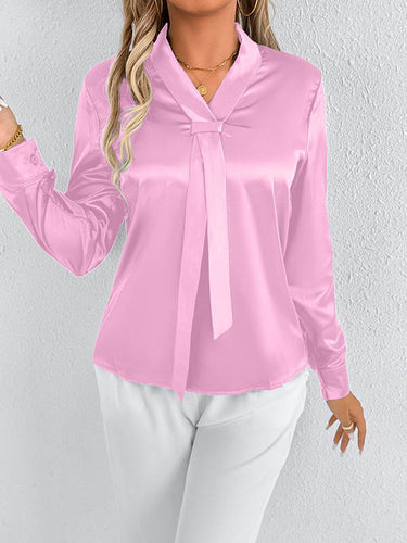 1728988 Long Sleeves Loose Solid Color Split-Joint Streamer Scarf Collar Blouses&Shirts Tops