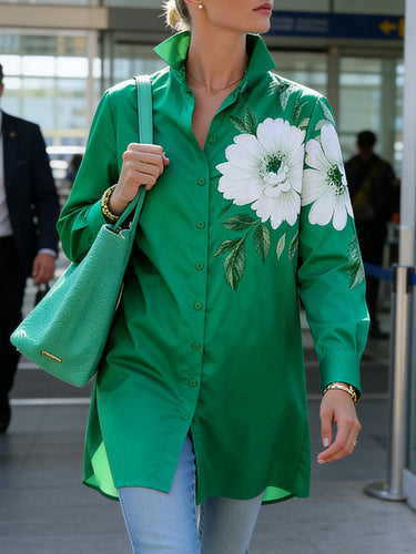 High-Low Long Sleeves Buttoned Flower Print Lapel Blouses&Shirts Tops