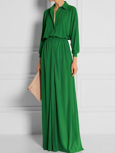 High Waisted Long Sleeves Buttoned Elasticity Solid Color Lapel Maxi Dresses