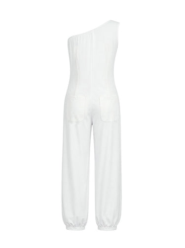 Sleeveless Pockets Solid Color One-Shoulder Jumpsuits