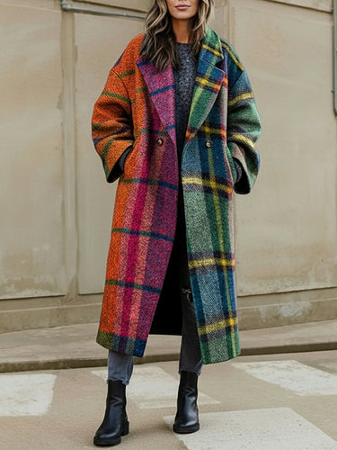 Long Sleeves Loose Contrast Color Plaid Split-Joint Lapel Outerwear Windbreakers Woolen Coat