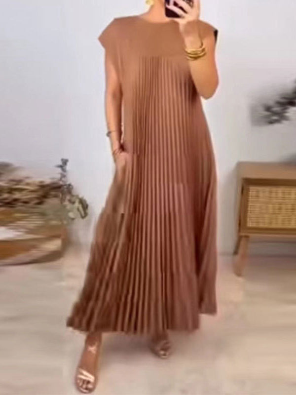 A-Line Loose Pleated Pockets Solid Color Split-Joint Round-Neck Midi Dresses main image 1