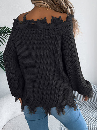 1713329 Long Sleeves Hollow Knitted Leaves Ribbed Knit See-Through Solid Color Off-The-Shoulder Sweater Tops
