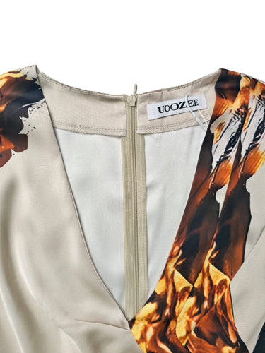 Lange Ärmeln lose floraldruckgedruckte Falten-Split-Gelenk-V-Ausschnitt-Overalls