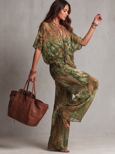 1781454 Half Sleeves Loose Contrast Color Knot Leopard Printed See-Through Deep V-Neck Blouses&Shirts Tops