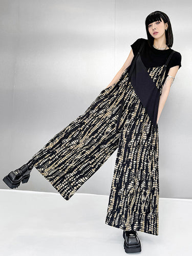1719678 Loose Sleeveless Asymmetric Contrast Color Printed Split-Joint Spaghetti-Neck Overalls