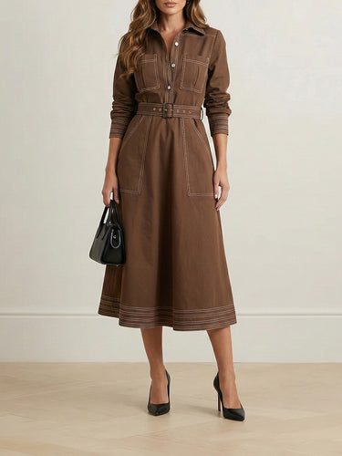 Long Sleeves Loose Buttoned Elasticity Pockets Solid Color Lapel Maxi Dresses