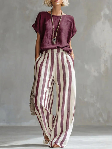 1768126 Plus Size Solid Color Round-Neck T-Shirts + Striped Pockets Contrast Color High Waisted Pants Trousers Two Pieces Set