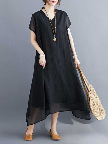 Vestidos midi de color en V de color sólido suelto de línea A