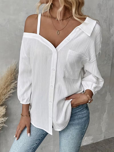 1782089 Long Sleeves Loose Buttoned Pockets Solid Color One-Shoulder Blouses&Shirts Tops