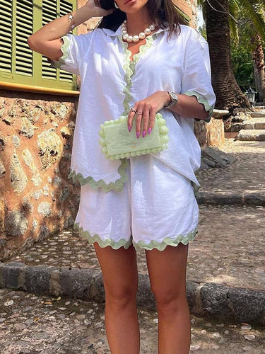 1446852 Loose Contrast Color Shirts Tops & Shorts Two Pieces Set