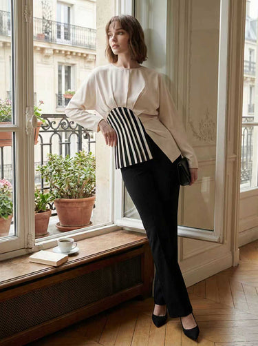 Blusas de cuello redondo con mangas largas asimétricas, pliegues, abertura lateral, rayas y cremallera.&Sblusas