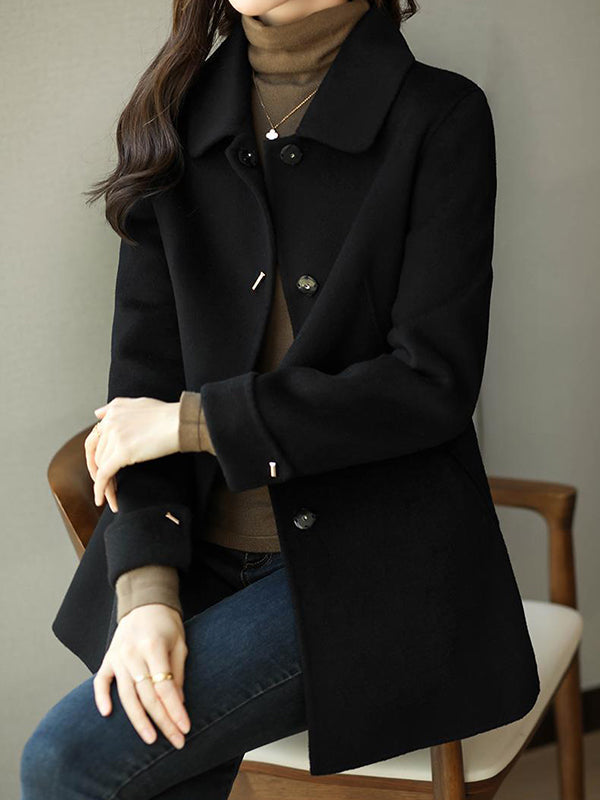 Button Pocket Fur Crew Neck Long Sleeve Loose Coat
