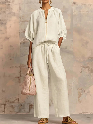 1783211 Half Sleeves Loose Drawstring Elasticity Pockets Solid Color Zipper Round-Neck Blouses&Shirts Tops Pants Trousers Two Pieces Set