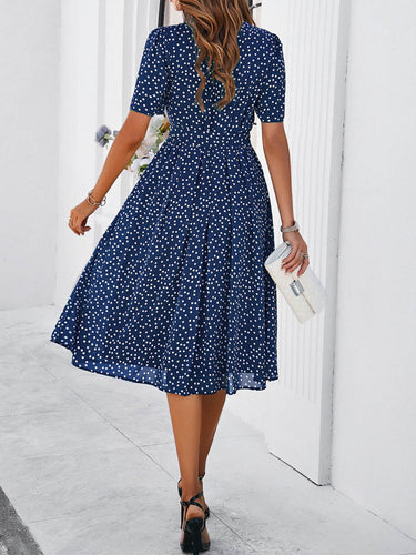 1746078 A-Line Elasticated Waist Contrast Color Polka Dot Split-Joint Tied Waist Round-Neck Midi Dresses
