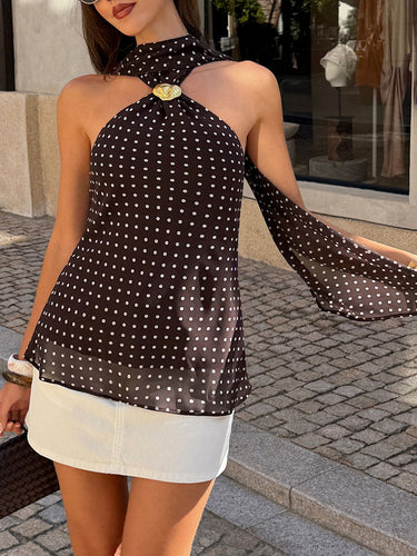 1749696 Sleeveless Backless Polka Dot Halter-Neck Tank Top