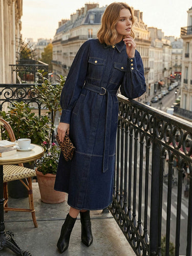 Puff Sleeves Belted Buttoned Pockets Split-Joint Lapel Midi Dresses