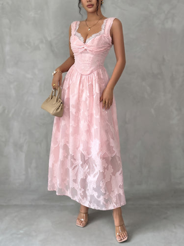 1773734 Vestidos midi com cintura alta sem mangas jacquard plissado transparente cor sólida com decote em V