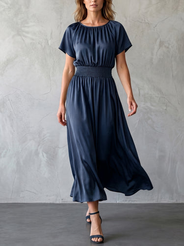 1781686 Batwing Sleeves High Waisted Elasticity Solid Color Round-Neck Maxi Dresses