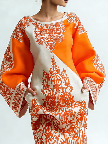 1749682 Long Sleeves Loose Contrast Color Flower Print Pockets Round-neck Mini Dresses