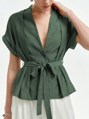 1786144 Loose Short Sleeves Buttoned Solid Color Tied Waist V-Neck Blouses&Shirts Tops