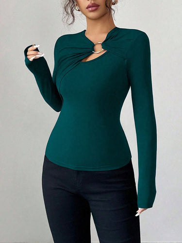 1715901 Long Sleeves Skinny Solid Color Split-Joint Asymmetric Collar T-Shirts