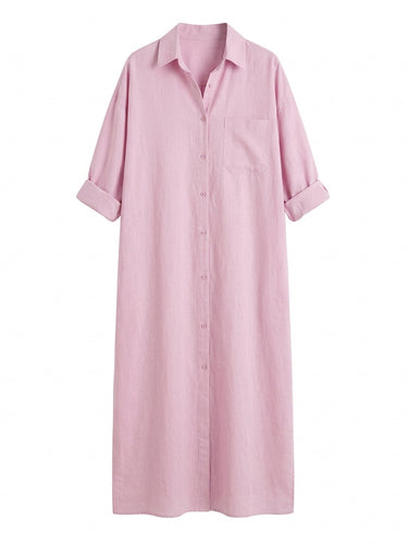 1764349 Abito a camicia con maniche lunghe, tasche larghe con bottoni, bavero tinta unita, maxi abiti