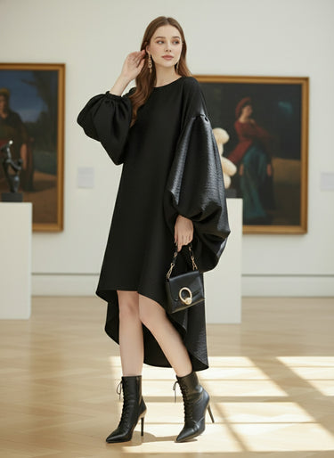 Batwing Sleeves High-Low Pleated Solid Color Split-Joint Round-Neck Midi Dresses