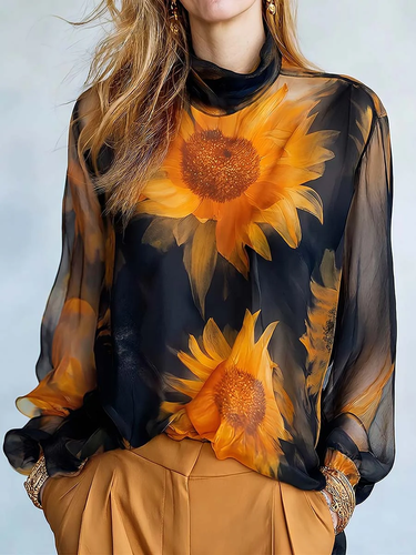 1781356 Long Sleeves Loose Contrast Color Flower Print See-Through Mock Neck Blouses&Shirts Tops