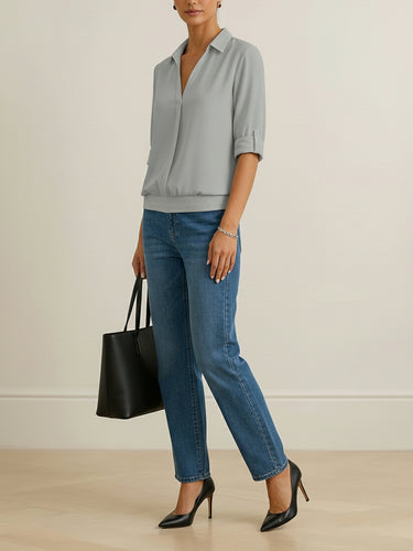 1733987 Half Sleeves Solid Color Split-Joint Lapel Blouses&Shirts Tops