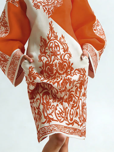 Long Sleeves Loose Contrast Color Flower Print Pockets Round-neck Mini Dresses