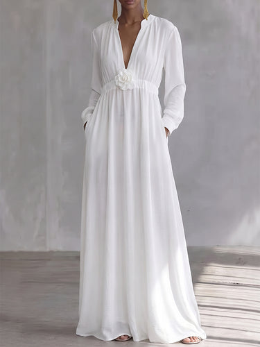 1784421 High Waisted Long Sleeves Elasticity Pleated Pockets Solid Color Three-Dimensional Flower V-Neck Maxi Dresses