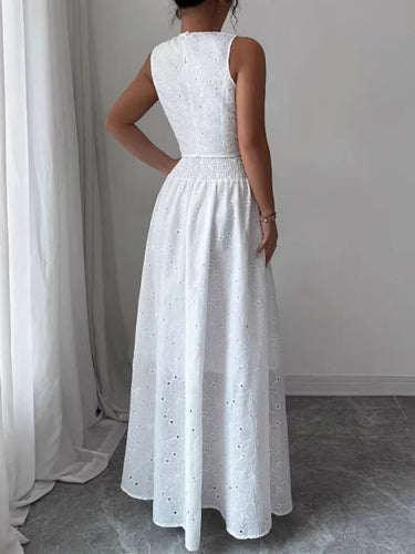 1788609 Cropped Embroidered Hollow Solid Color Tank Tops + High Waisted Skirts Bottoms Two Pieces Set