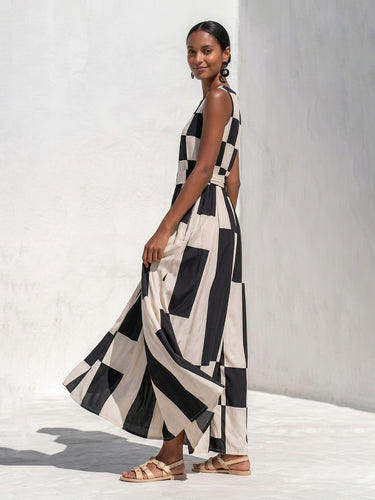 1786503 A-Line High Waisted Buttoned Contrast Color Plaid Pockets Printed Round-Neck Maxi Dresses