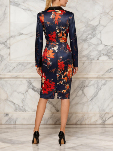 1742693 Bodycon Elasticated Waist Contrast Color Flower Print Split-Joint Lapel Midi Dresses