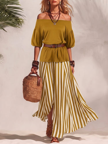1785783 Half Sleeves Solid Color Off-The-Shoulder T-Shirts Tops + Belted Contrast Color A-Line Striped Skirts Bottoms Two Pieces Set