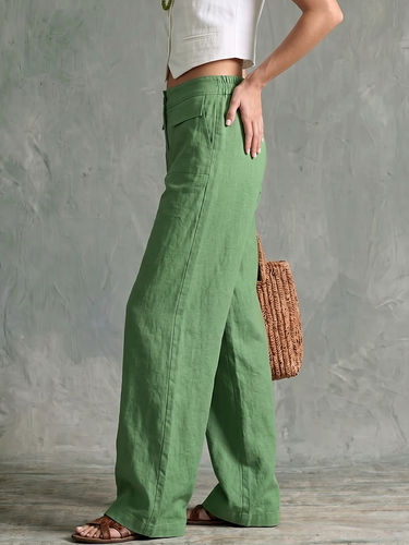 1782523 High Waisted Wide Leg Buttoned Elasticity Pockets Solid Color Pants Trousers