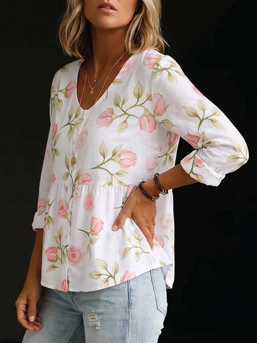 1785763 Long Sleeves Loose Buttoned Flower Print V-Neck Blouses&Shirts Tops