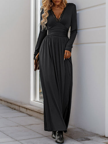 1749357 A-Line High Waisted Pleated Solid Color Split-Side V-Neck Maxi Dresses