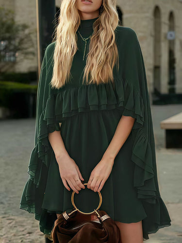 1755950 High Waisted Sleeveless Pleated Ruffled Solid Color Split-Joint Tied Mock Neck Mini Dresses Two Pieces Set