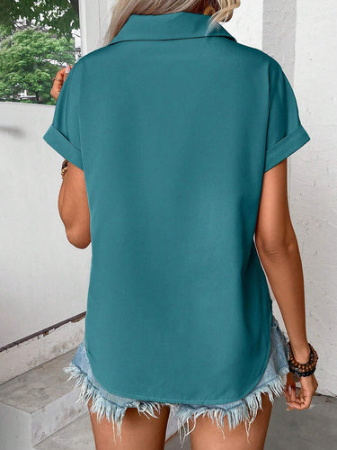 1780469 Loose Short Sleeves Buttoned Pleated Solid Color Lapel Blouses&Shirts Tops