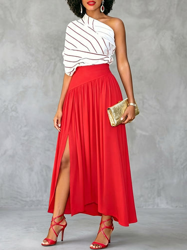 1784645 A-Line High Waisted Pleated Solid Color Split-Side Skirts Bottoms