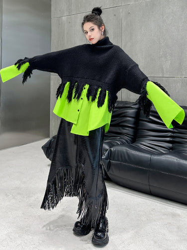 1719667 A-Line Irregularity Asymmetric Buttoned Crocodile Texture Solid Color Tasseled Skirts Bottoms