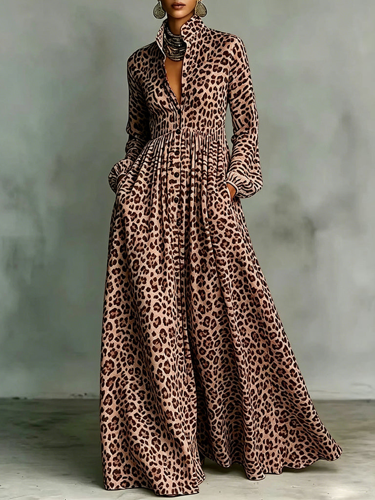 Leopard Print Buttoned Lapel Maxi Dress – Uoozee official Leopard Print Buttoned Lapel Maxi Dress – Uoozee official